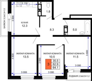 Литер 26; 27; 28; 29; 30 - Планировка трехкомнатной квартиры (и больше) в ЖК Дыхание в Краснодаре