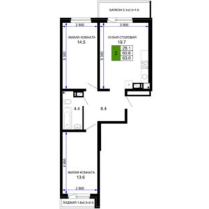 Литер 13; 14 - Планировка двухкомнатной квартиры в ЖК Дыхание в Краснодаре