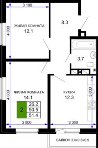 Литер 15; 16; 17 - Планировка двухкомнатной квартиры в ЖК Дыхание в Краснодаре