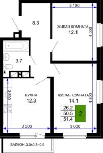 Литер 26; 27; 28; 29; 30 - Планировка двухкомнатной квартиры в ЖК Дыхание в Краснодаре
