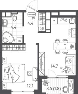 Литер 3; 4 - Планировка однокомнатной квартиры в ЖК Все Свои VIP в Краснодаре