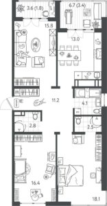 Литер 3; 4 - Планировка трехкомнатной квартиры (и больше) в ЖК Все Свои VIP в Краснодаре