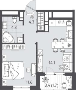 Литер 3; 4 - Планировка однокомнатной квартиры в ЖК Все Свои VIP в Краснодаре