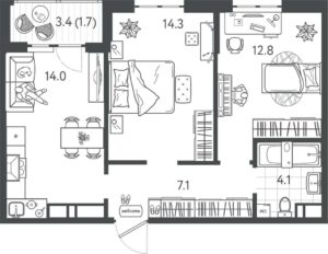 Литер 7 - Планировка двухкомнатной квартиры в ЖК Все Свои VIP в Краснодаре