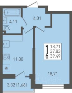 Дом 1 (Секции 1; 2; 3) - Планировка однокомнатной квартиры в ЖК Огурцы в Краснодаре
