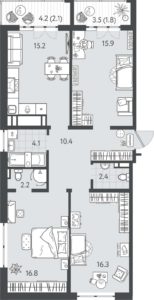 Литер 7 - Планировка трехкомнатной квартиры (и больше) в ЖК Все Свои VIP в Краснодаре