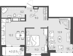Литер 8 - Планировка двухкомнатной квартиры в ЖК Все Свои VIP в Краснодаре