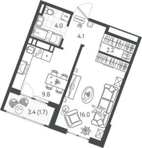 Литер 7 - Планировка однокомнатной квартиры в ЖК Все Свои VIP в Краснодаре