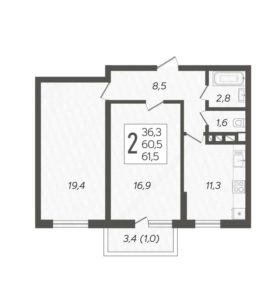 Планировка двухкомнатной квартиры в ЖК FRESH в Краснодаре