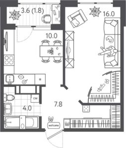 Литер 6 - Планировка однокомнатной квартиры в ЖК Все Свои VIP в Краснодаре