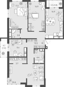 Литер 8 - Планировка трехкомнатной квартиры (и больше) в ЖК Все Свои VIP в Краснодаре