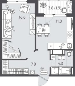 Литер 6 - Планировка однокомнатной квартиры в ЖК Все Свои VIP в Краснодаре