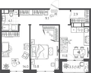 Литер 3; 4 - Планировка двухкомнатной квартиры в ЖК Все Свои VIP в Краснодаре