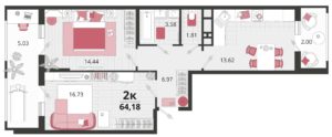 Литера 20; 21 - Планировка двухкомнатной квартиры в ЖК Родные Просторы в Краснодаре