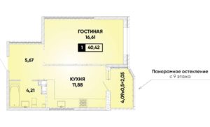 Литер 35; 39 - Планировка однокомнатной квартиры в ЖК Губернский в Краснодаре