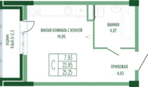 Литер 1-4 - Планировка студии в ЖК Екатерининский парк в Краснодаре