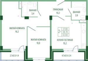 Литер 1-4 - Планировка двухкомнатной квартиры в ЖК Екатерининский парк в Краснодаре