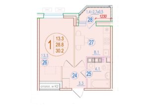 Литер 2.5; 2.8 - Планировка однокомнатной квартиры в ЖК Sport village в Краснодаре
