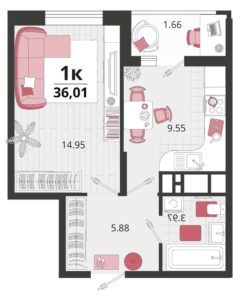 Литера 20; 21 - Планировка однокомнатной квартиры в ЖК Родные Просторы в Краснодаре