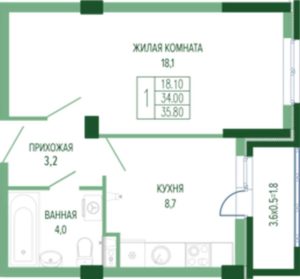 Литер 1-4 - Планировка однокомнатной квартиры в ЖК Екатерининский парк в Краснодаре