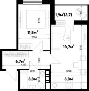 Литер 2.1; 2.2 - Планировка однокомнатной квартиры в ЖК Sport village в Краснодаре