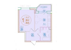 Литер 2.3; 2.4 - Планировка однокомнатной квартиры в ЖК Sport village в Краснодаре