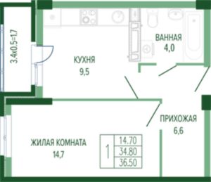 Литер 1-4 - Планировка однокомнатной квартиры в ЖК Екатерининский парк в Краснодаре