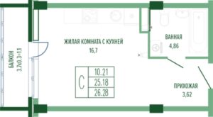 Литер 1-4 - Планировка студии в ЖК Екатерининский парк в Краснодаре