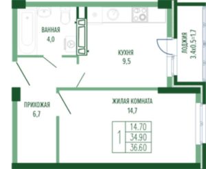 Литер 1-4 - Планировка однокомнатной квартиры в ЖК Екатерининский парк в Краснодаре