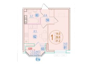 Литер 2.6; 2.7 - Планировка однокомнатной квартиры в ЖК Sport village в Краснодаре