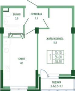 Литер 1-4 - Планировка однокомнатной квартиры в ЖК Екатерининский парк в Краснодаре