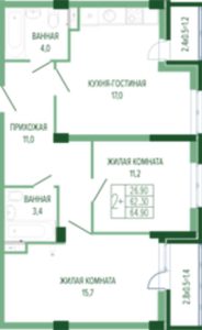 Литер 1-4 - Планировка двухкомнатной квартиры в ЖК Екатерининский парк в Краснодаре