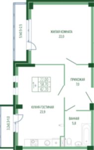 Литер 1-4 - Планировка двухкомнатной квартиры в ЖК Екатерининский парк в Краснодаре