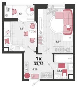 Литера 20; 21 - Планировка однокомнатной квартиры в ЖК Родные Просторы в Краснодаре