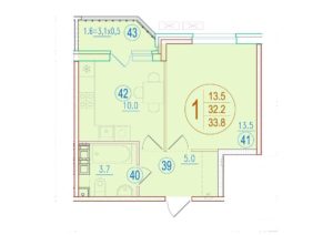 Литер 2.3; 2.4 - Планировка однокомнатной квартиры в ЖК Sport village в Краснодаре