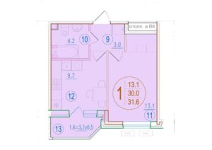 Литер 2.5; 2.8 - Планировка однокомнатной квартиры в ЖК Sport village в Краснодаре