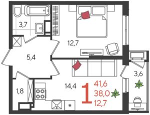 Литер 4 - Планировка однокомнатной квартиры в ЖК Рекорд в Краснодаре