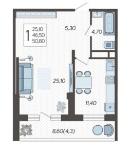 Литер 5А - Планировка однокомнатной квартиры в ЖК Зеленодар в Краснодаре