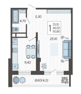 Литер 5Б - Планировка однокомнатной квартиры в ЖК Зеленодар в Краснодаре
