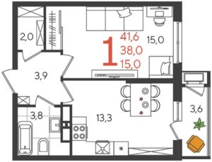 Литер 4 - Планировка однокомнатной квартиры в ЖК Рекорд в Краснодаре