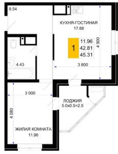 Планировка однокомнатной квартиры в ЖК Сегодня в Краснодаре