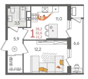 Литер 1 - Планировка однокомнатной квартиры в ЖК Рекорд в Краснодаре