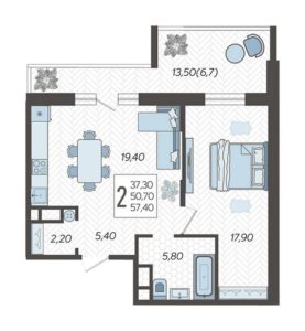 Литер 5А - Планировка двухкомнатной квартиры в ЖК Зеленодар в Краснодаре