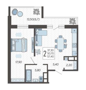Литер 5Б - Планировка двухкомнатной квартиры в ЖК Зеленодар в Краснодаре
