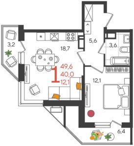 Литер 3 - Планировка однокомнатной квартиры в ЖК Рекорд в Краснодаре