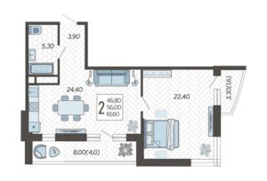 Литер 5А - Планировка двухкомнатной квартиры в ЖК Зеленодар в Краснодаре