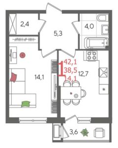 Литер 2 - Планировка однокомнатной квартиры в ЖК Рекорд в Краснодаре