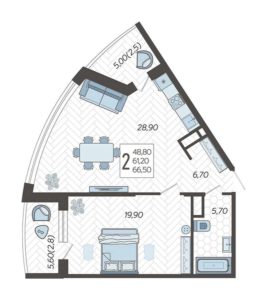 Литер 5Б - Планировка двухкомнатной квартиры в ЖК Зеленодар в Краснодаре