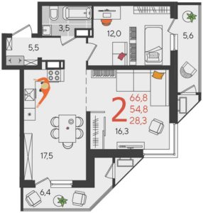 Литер 4 - Планировка двухкомнатной квартиры в ЖК Рекорд в Краснодаре