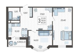 Литер 5А - Планировка трехкомнатной квартиры (и больше) в ЖК Зеленодар в Краснодаре